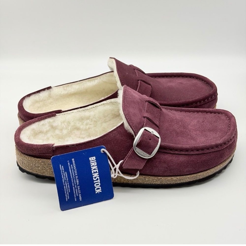 Birkenstock Buckley Shearling Maroon Suede Moccasin Clogs 40 N NEW